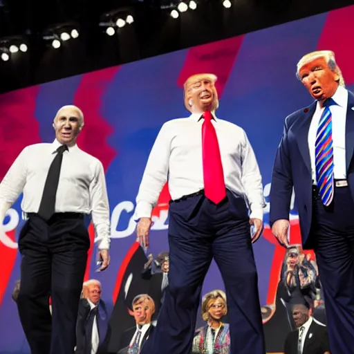 Image similar to photo of a vladimir putin, donald trump and ron desantis dancing a congo line on stage at cpac,