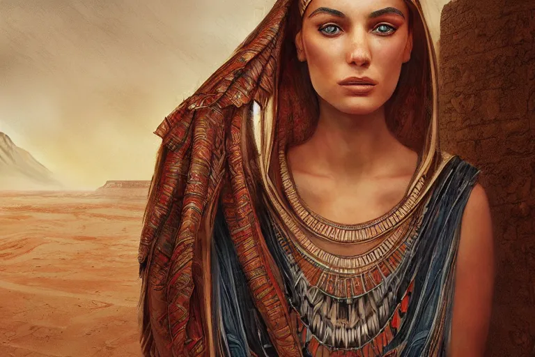 Prompt: a cinematic portrait painting of a beautiful girl wearing egyptian clothing stood on a pyramid overlooking a vast dystopian desert landscape with a river, rainy day, beautiful lighting, depth, accurate details, by marco mazzoni