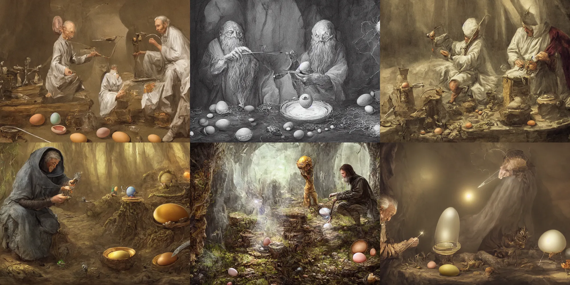 Prompt: A wizard measuring creature eggs in a study using a calipers, high quality art, 4k