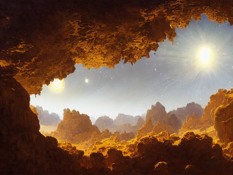 Image similar to an oil painting of an alien planet with a fractal crystal floating above the ground reflecting light in a desert canyon by carl spitzweg and tuomas korpi. baroque elements, full-length view. baroque element. intricate artwork by caravaggio. Trending on artstation. 8k
