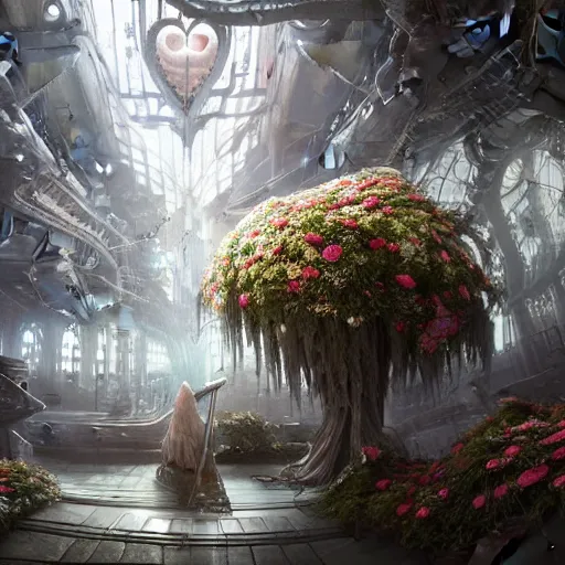 Prompt: biocomputer heart with white biocomputer flowers and biomechanical flowers, intricate environment, matte painting, diffused lighting, highly detailed cinematic, epic composition, highly detailed, atmospheric, wide angle, artstation trending