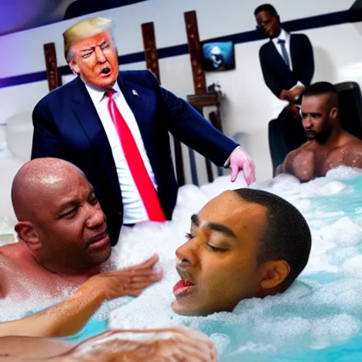 Prompt: donald trump taking a bubble bath surrounded by black men