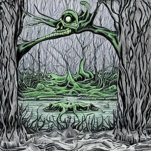 Image similar to the evil swamp you can only get to in your dreams where all the darkness is in the depths and the tree is rise high to the sky