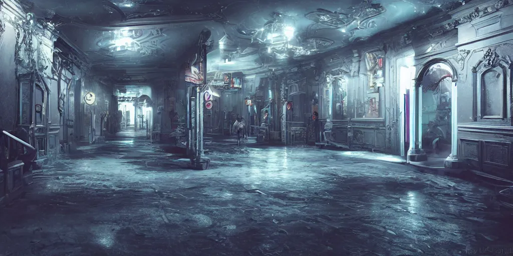 Image similar to haunted arcade, dramatic, ultra wide cinematic angle, hyperrealism, photo realistic, photorealism, ethereal atmosphere, octane render, highly detailed, hyper realistic, cinematic, 8k,