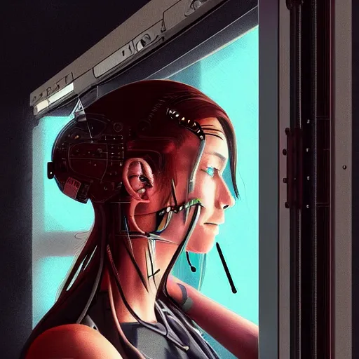 Image similar to portrait of cyberpunk woman looking out of a window, cyberpunk setting, futuristic, highly detailed, intricate lighting, digital painting, sharp focus, illustration, trending on artstation, art by chengwei pan.