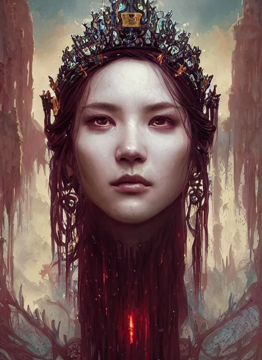 Image similar to highly detailed face portrait of majestic undead queen, stephen bliss, unreal engine, wuxia art by greg rutkowski, loish, rhads, ferdinand knab, makoto shinkai and lois van baarle, ilya kuvshinov, rossdraws, tom bagshaw, alphonse mucha, global illumination, radiant light, detailed and intricate environment