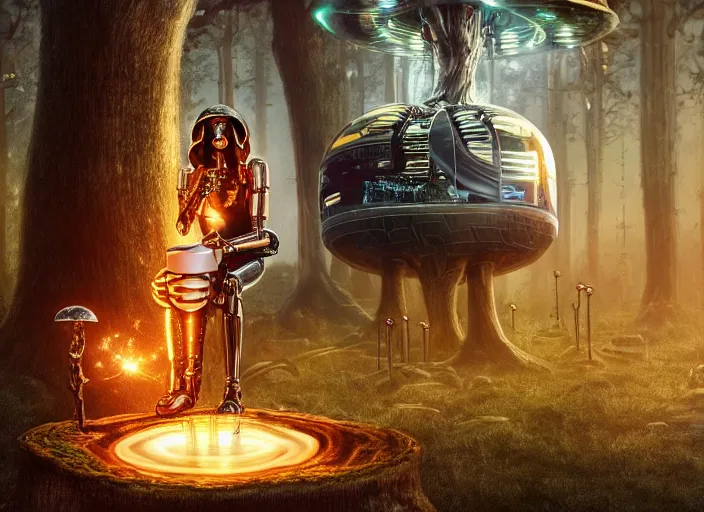 Image similar to photo of an intricate and sophisticated terminator woman with borg enhancements sitting on a giant mushroom in a weird magical forest and drinking a cup of tea. Very detailed 8k. Fantasy cyberpunk horror