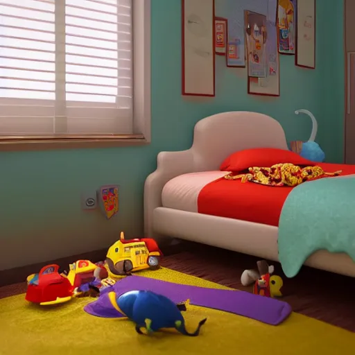 Image similar to eye - level view, in a child's bedroom filled with toys there is a bed under a window with a colorful bedspread. a super cute gsd puppy runs and jumps and plays with dog toys on the bed. hilarious, funny, back to school comedy, cg animation, 3 d octane render, imax 7 0 mm,