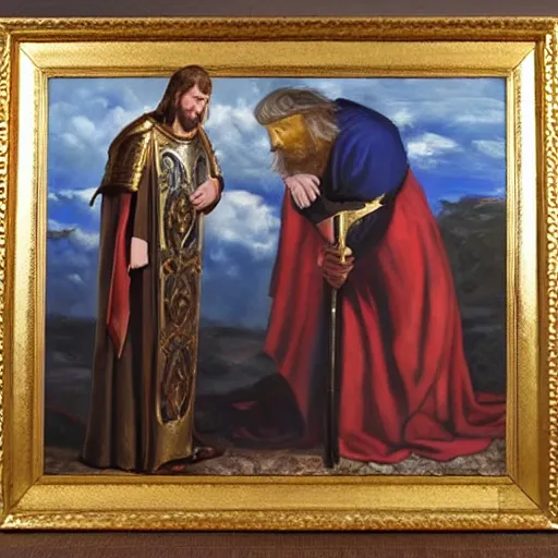 Prompt: An oil painting of Donald Trump wearing plate armor and kneeling. Jesus stands in front of him and is tapping him on the shoulder with a sword, granting him a noble title