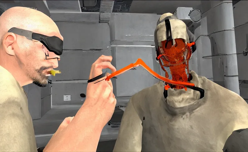 Image similar to half life 1 scientist eating chunks out of the test sample