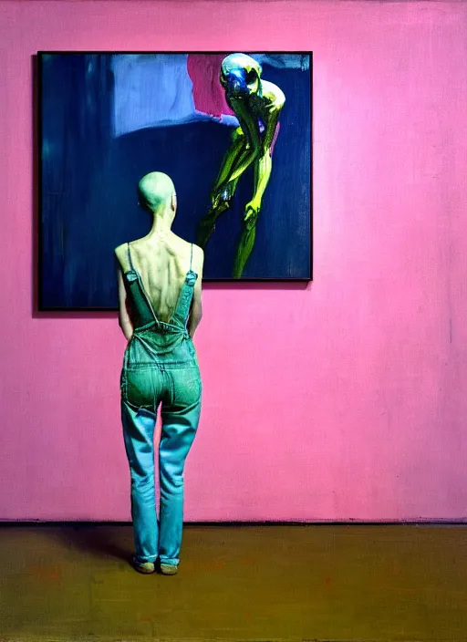 Image similar to an insane, skinny, artist wearing overalls, expressive painting the walls inside a grand messy studio, depth of field, hauntingly surreal, highly detailed painting by francis bacon, edward hopper, adrian ghenie, glenn brown, and james jean, soft light 4 k in pink, green and blue colour palette, cinematic composition,