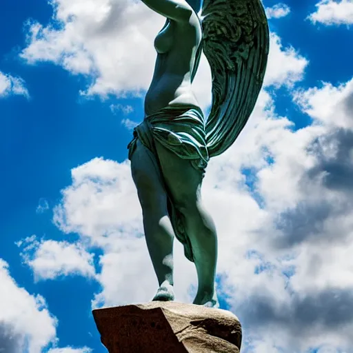 Image similar to venus, nike, the winged victory of samothrace statue made of turquoise crystal on a rock in the clouds dramatic low light volumetric lighting epic towering clouds central composition stylised