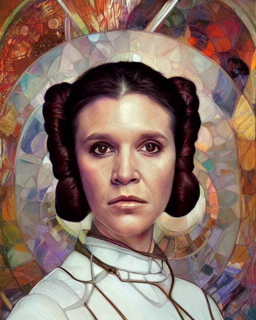 Prompt: portrait of a Princess Leia by Mandy Jurgens and Richard Schmid and chuck close and mucha