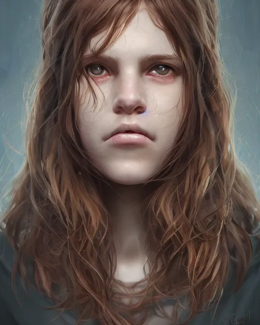 Image similar to symmetry!! portrait of 1 5 - year - old girl with voluminous bushy brown hair, large front teeth, and bright piercing brown eyes, hyper realistic face, beautiful eyes, fantasy art, in the style of greg rutkowski, intricate, hyper detailed, smooth