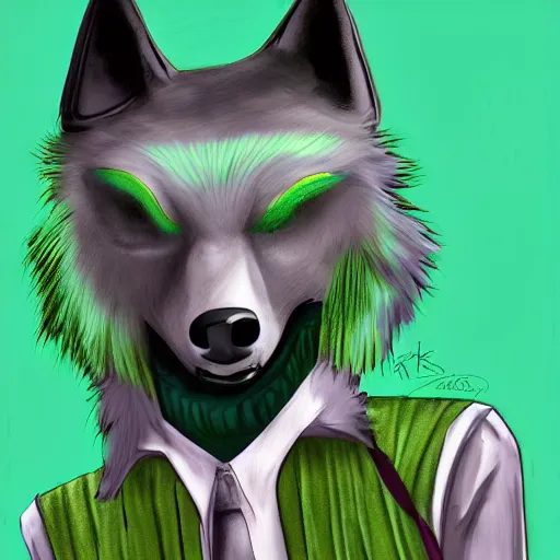 Image similar to Beautiful digital painting of an anthro anthropomorphic pastel-green wolf, Punk outfit.