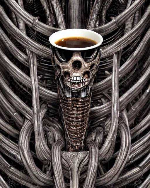 Image similar to coffee by hr giger, biomechanical, 4 k, hyper detailed