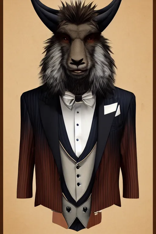 Prompt: beautiful portrait commission of a male furry anthro mountain goat wearing a pinstripe suit and waistcoat, award-winning, detailed, trending on artstation