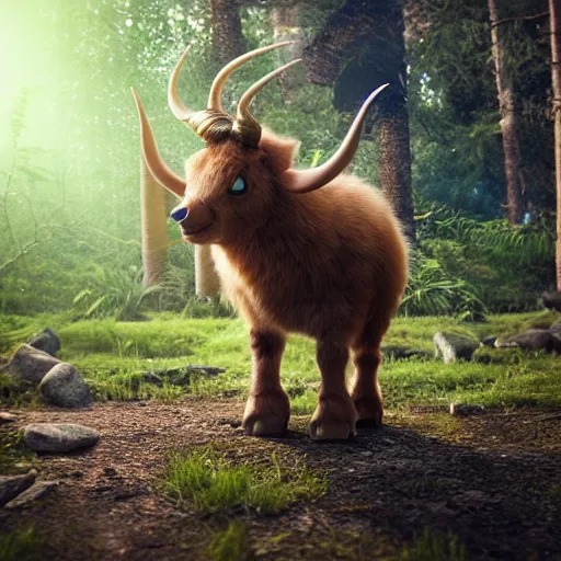 Prompt: ultrarealistic very cute creature fluffy animal with horns and short legs and arms, forest scene, macrophotography, octane render, highly detailed, cinematic lightning, sunbeams