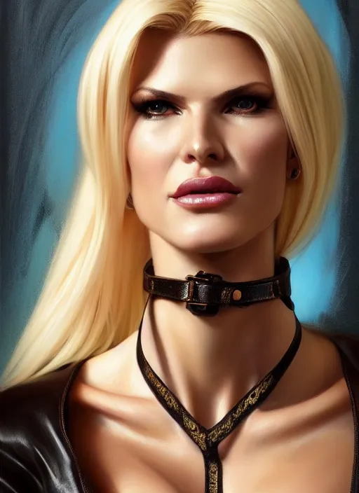 Prompt: portrait of blonde victoria silvstedt as a sultry lady, collar and leash, leather, greek, intricate, headshot, victoria silvstedt face, highly detailed, digital painting, artstation, concept art, sharp focus, cinematic lighting, illustration, art by artgerm and greg rutkowski, alphonse mucha, cgsociety