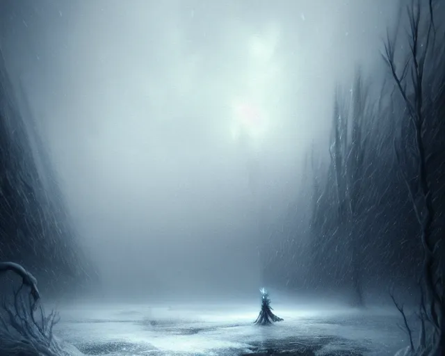 Image similar to in the north niflheim formed and it became such a dark and cold place that there was nothing else than ice and frost and fog, norse mythology, beautiful digital painting in the style of wlop, volumetric lightning, intricate details, ultra realistic, by art germ, by gerald brom, fantasypunk, deep colors, trending cgsociety, artstation, sharp