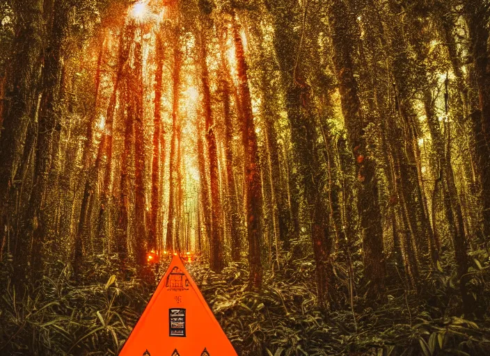 Prompt: a few orange safety cones in a beautiful strange forest, cinematic, atomspheric lighting, detailed by james jean, 2 4 mm lens, surreal