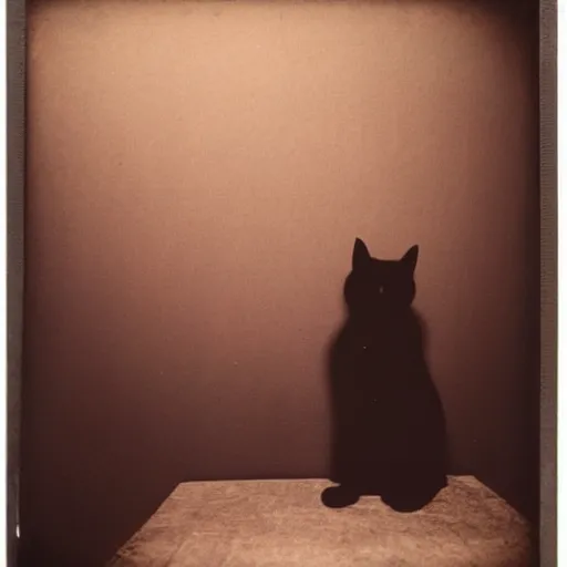 Image similar to black cloudy shadow of a cat on the painted wall, very blurry, mystical, misty, dreamy, shadow polaroid photo, by Warhol