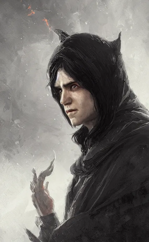 Image similar to Portrait of an elf in a black cloak, black hair, glowing eyes, male, detailed face, fantasy, highly detailed, cinematic lighting, digital art painting by greg rutkowski