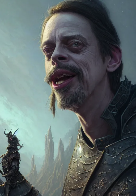 Image similar to highly detailed medium shot portrait of steve buscemi as a fantasy knight surrounded by magic, in skyrim, stephen bliss, unreal engine, fantasy art by greg rutkowski, loish, rhads, ferdinand knab, makoto shinkai and lois van baarle, ilya kuvshinov, rossdraws, tom bagshaw, global illumination, radiant light, detailed and intricate environment