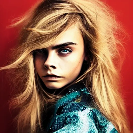 Prompt: photo of a gorgeous 20-year-old Cara Delevingne with 2050s hairstyle by Mario Testino, detailed, head shot, award winning, Sony a7R -