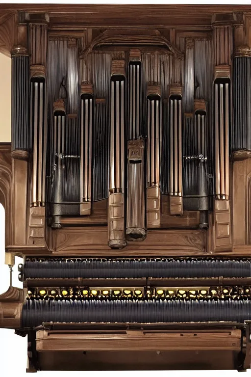 Prompt: pipe organ console with dark smoke, detailed oil painting by grant wood, diesel gothic