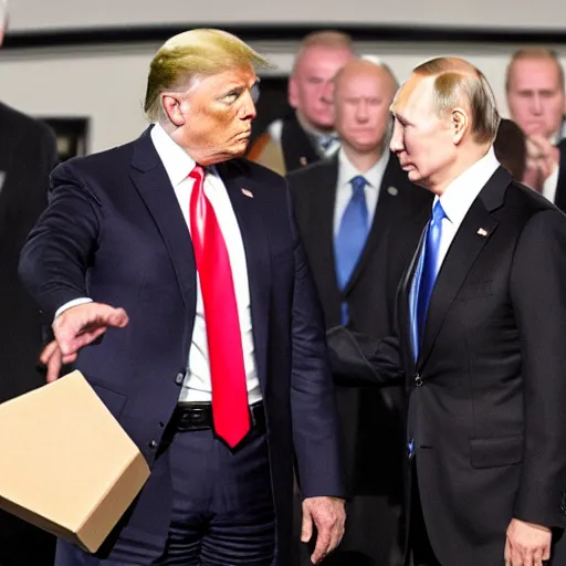 Image similar to biden and putin playing rock paper scissors in a box ring, trump is the referee