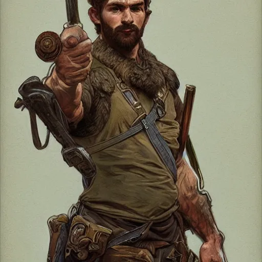 Image similar to portrait of a rugged ranger, muscular, upper body, hairy torso, D&D, fantasy, intricate, elegant, highly detailed, digital painting, artstation, concept art, smooth, sharp focus, illustration, art by alphonse mucha