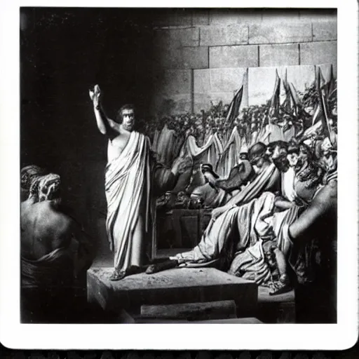 Image similar to Polaroid picture of a Roman consul during a political speech in Ancient Rome, photography, hyper detailed