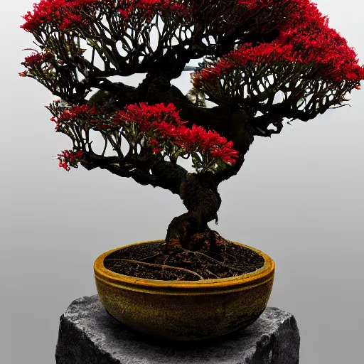 Image similar to incredibly detailed 1000 year old Morton Bay fig bonsai planted in an Upside-down ancient intricate red samurai helmet, volcanic rocks, photorealistic, vulumetric lighting, exquisite detail, vray 4k highly detailed, museum piece, no dof