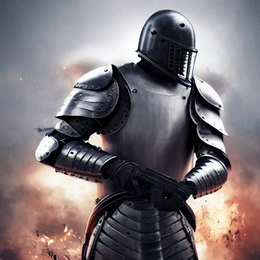 Prompt: knight in plate armor holding a machine gun, cinematic dramatic high quality 4 k poster