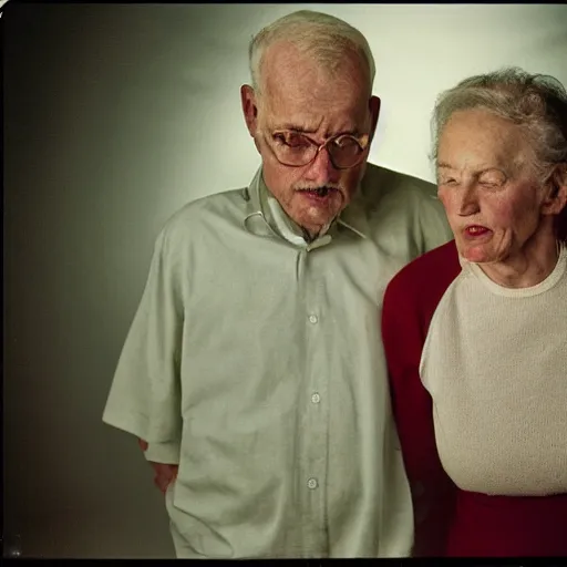 Image similar to a medium shot, colored studio photographic portrait of a old couple, dramatic backlighting from below, below light, kodachrome camera, kodachrome, with strong reds and greens, 1 9 9 9 photo from life magazine,