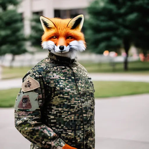 Image similar to a Fox dressed in a modern American general uniform, 85mm f/1.4