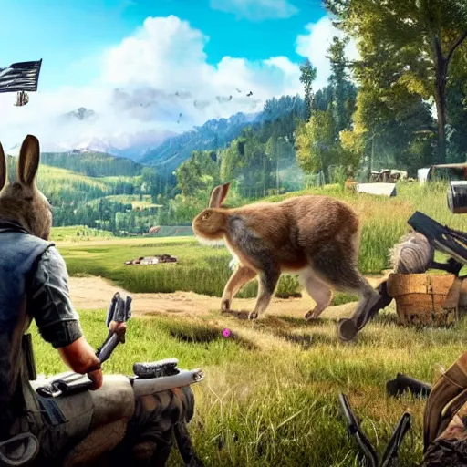 Prompt: a rabbit in the video game Far cry 5