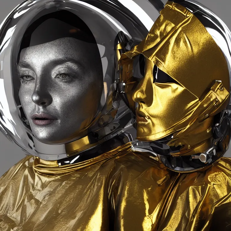 Image similar to octane render portrait by wayne barlow and carlo crivelli and glenn fabry, subject is a woman covered in folded aluminum foil space suit with a colorful metallic space helmet, floating inside a futuristic black and gold space station, cinema 4 d, ray traced lighting, very short depth of field, bokeh