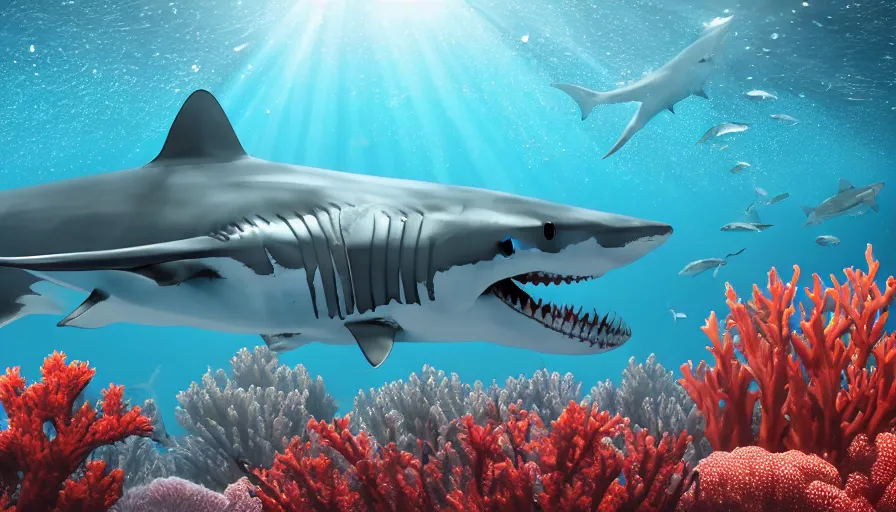 Image similar to a beautiful, noble, great white shark : 1, underwater scenery, beautiful colorful corals, remora and other sea creatures of the ocean - life, god - rays, volumetric lighting, 8 k, digital art