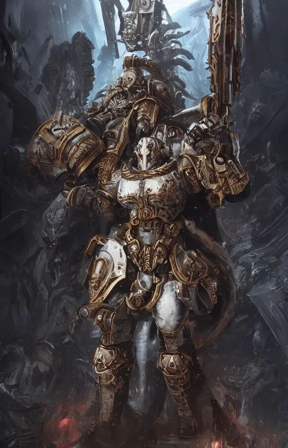Prompt: an concept art of the adeptus astartes queen, pale hair, one eye, intricate details, detailed face, detailed armour, artstation, warhammer 4 0 k, epic pose, ambient light, by rembrandt