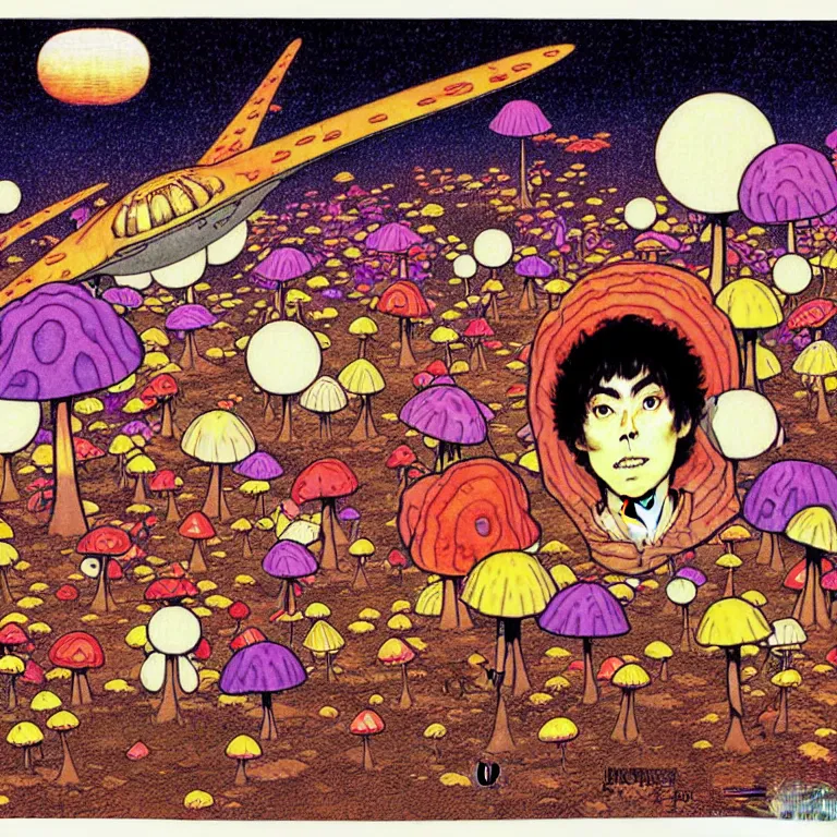 Prompt: cursed illustration of starship landing on planet of colorful mushrooms, manga style of kentaro miura, by norman rockwell, weirdcore