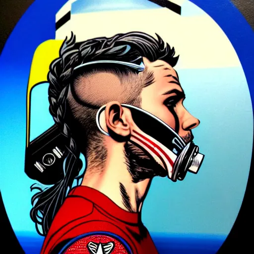 Image similar to a profile photo of an saint with a diving oxygen mask with side profile blood in ocean intricate details by MARVEL comics and Sandra Chevrier-C