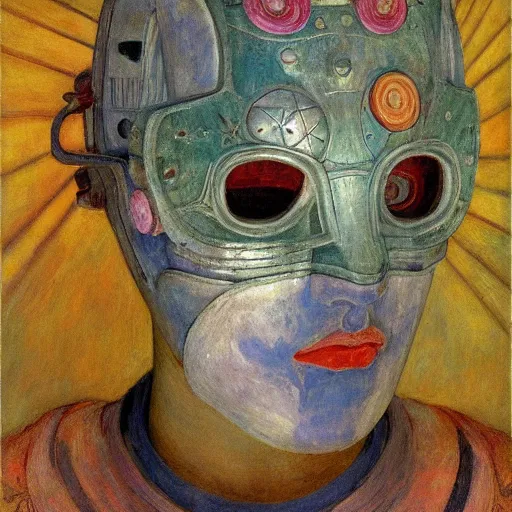 Image similar to the robot in her floral mask, by Annie Swynnerton and Diego Rivera, symbolist, dramatic lighting, elaborate geometric ornament, Art Brut ,god rays, soft cool colors,smooth, sharp focus, extremely detailed, Adolf Wölfli