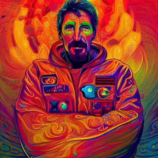 Prompt: John McAfee an extremely psychedelic experience, colorful, surreal, dramatic lighting, cosmonaut, LSD, face, detailed, intricate, elegant, highly detailed, digital painting, artstation, concept art, smooth, sharp focus, illustration, art by Sam Spratt, Dan Mumford, Artem Demura and Alphonse Mucha