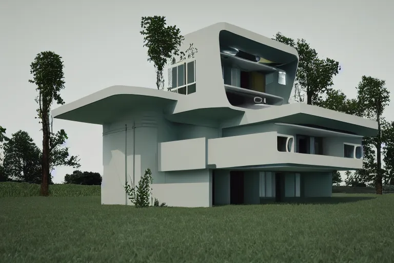 Image similar to photo of a futuristic house designed in the style of seppo mantyla, 4 k, realistic render