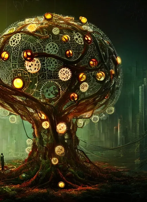 Image similar to intricate mechanical translucent apples with visible gears and components inside, growing off a tree, on the background of a weird magical mechanical forest. Very detailed 8k. Fantasy cyberpunk horror. Sharp. Cinematic post-processing