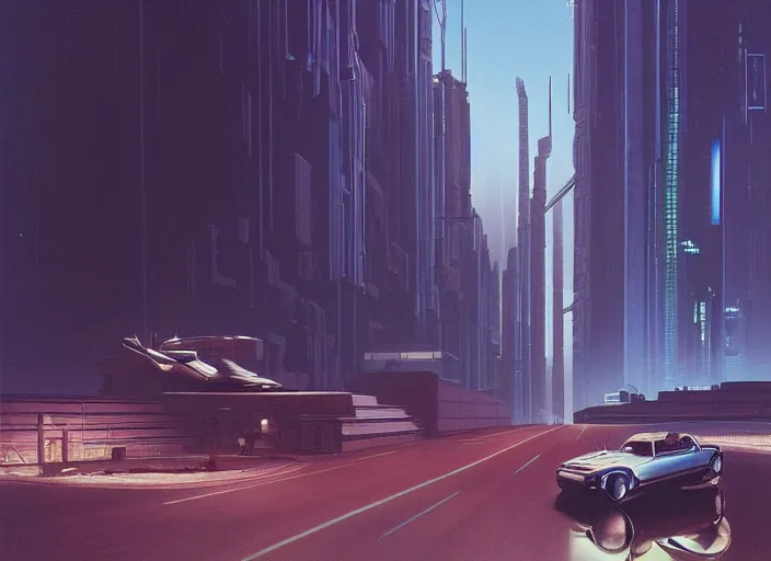 Image similar to a car driving down a street next to tall buildings the night at 10:00 am, cyberpunk art by Chesley Bonestell, cgsociety, retrofuturism, matte painting, reimagined by industrial light and magic