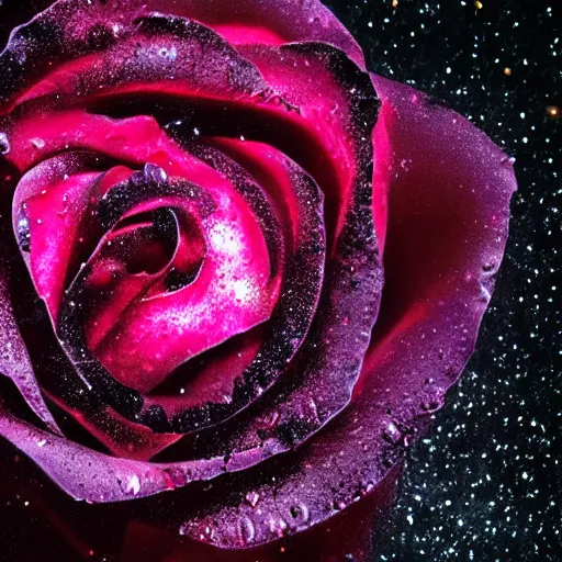 Image similar to award - winning macro of a beautiful black rose made of molten magma and magical nebulae on black background by harold davis, georgia o'keeffe and harold feinstein, highly detailed, hyper - realistic, inner glow, mysterious atmosphere, trending on deviantart, artstation and flickr, nasa space photography, national geographic