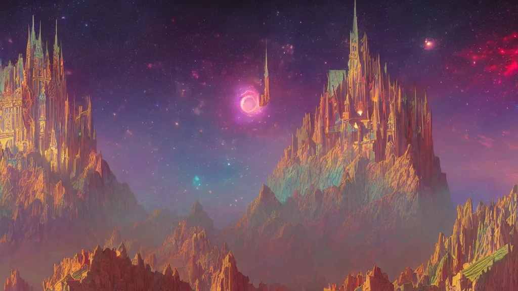 Image similar to a beautiful highly detailed matte painting of colorful castle nebulas by moebius, alphonse mucha, stars in the background, medium shot, highly detailed, intricate design, 8 k resolution, octane render, trending on artstation and cgsociety